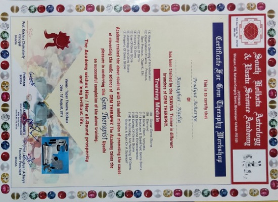 Dr. Prodyut Acharya SKAVSA Gem Therapist Certificate Kolkata